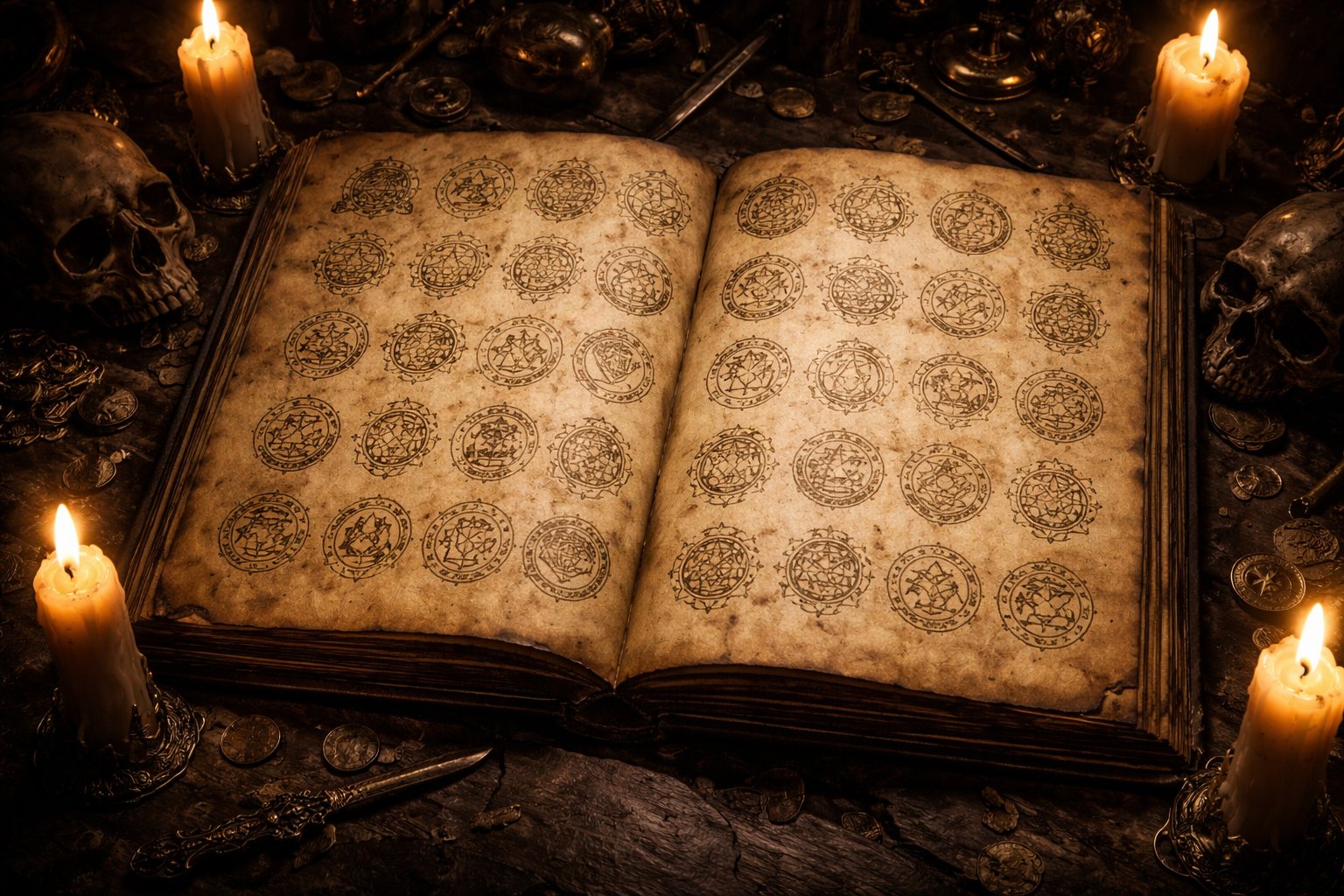 Ancient grimoire with 72 demonic sigils — the Ars Goetia